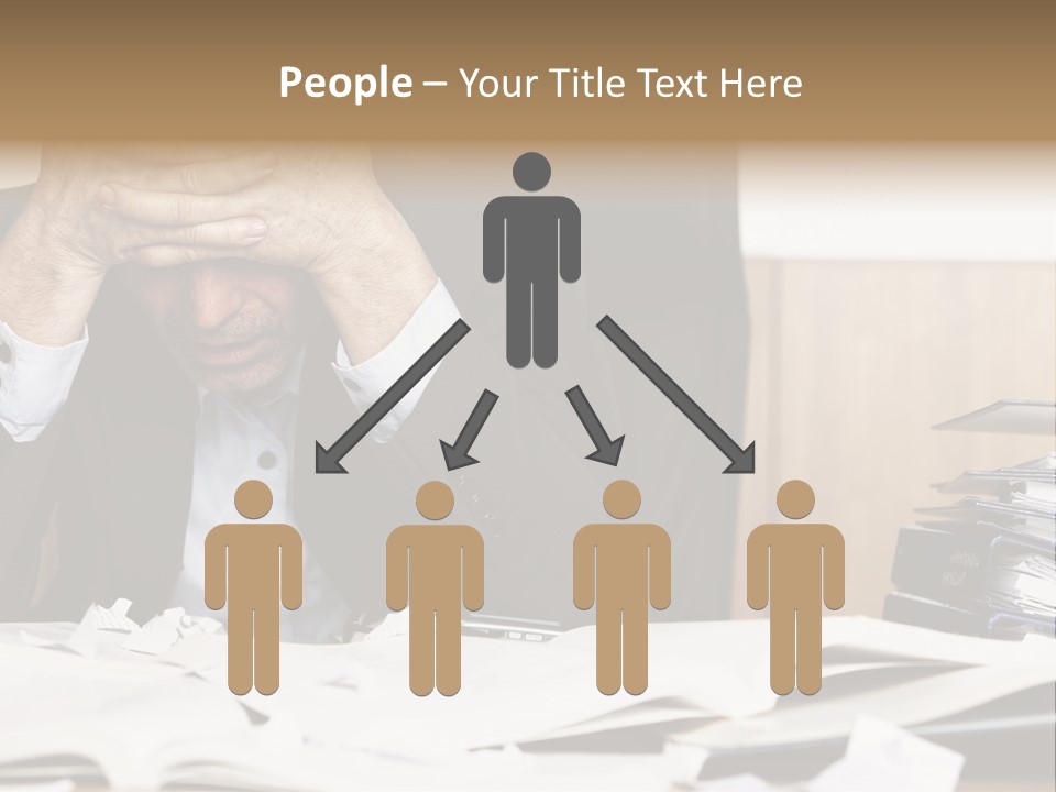 A Man Sitting At A Desk With A Pile Of Papers In Front Of Him PowerPoint Template