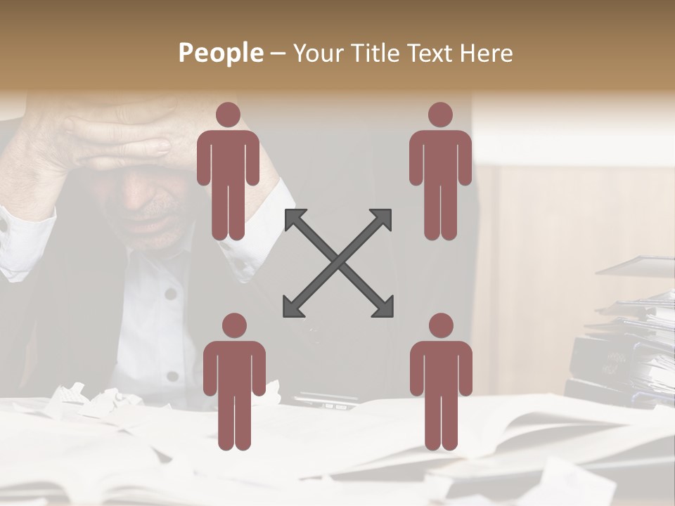 A Man Sitting At A Desk With A Pile Of Papers In Front Of Him PowerPoint Template