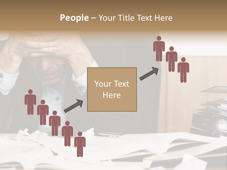 A Man Sitting At A Desk With A Pile Of Papers In Front Of Him PowerPoint Template