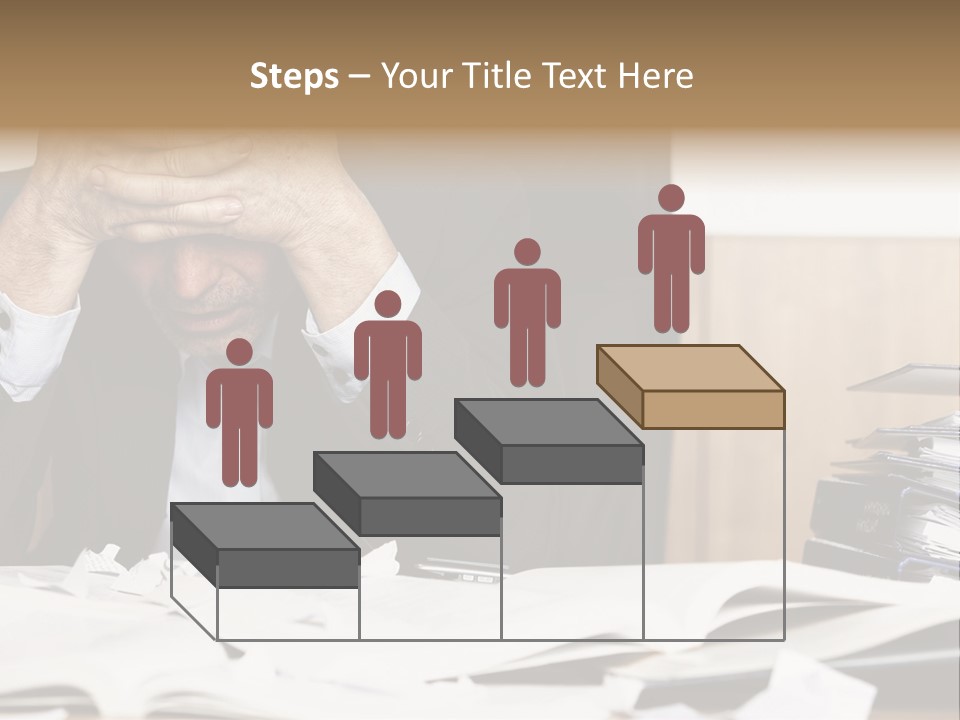 A Man Sitting At A Desk With A Pile Of Papers In Front Of Him PowerPoint Template