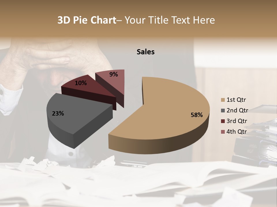 A Man Sitting At A Desk With A Pile Of Papers In Front Of Him PowerPoint Template