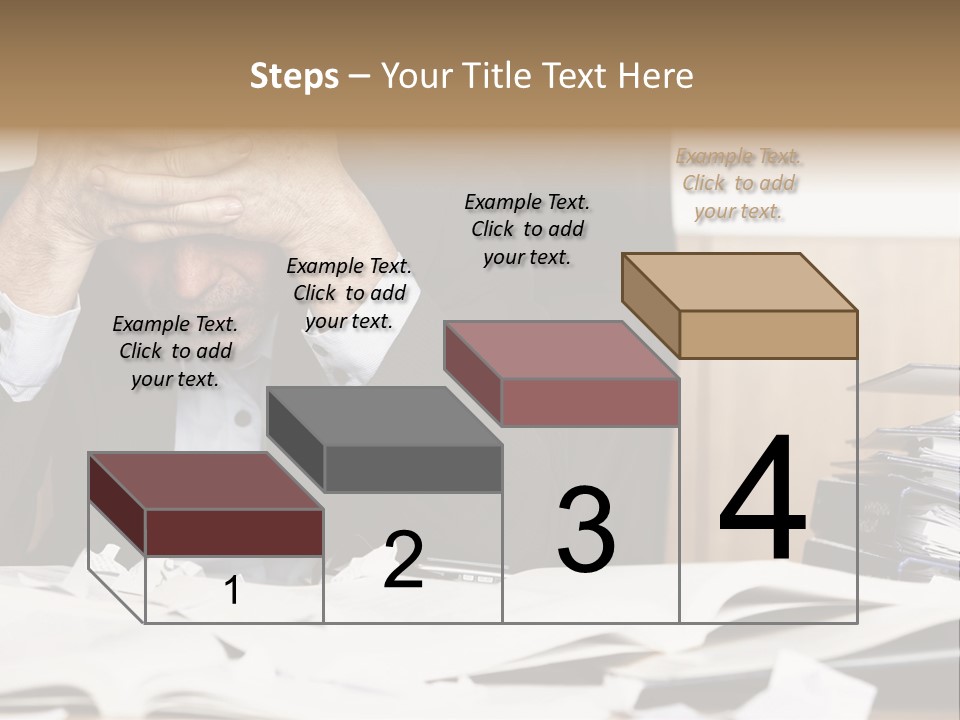 A Man Sitting At A Desk With A Pile Of Papers In Front Of Him PowerPoint Template