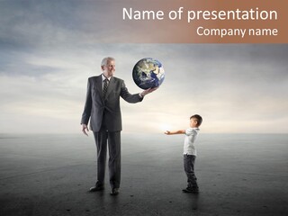 A Man Holding A Small Child's Hand With The Earth On It PowerPoint Template