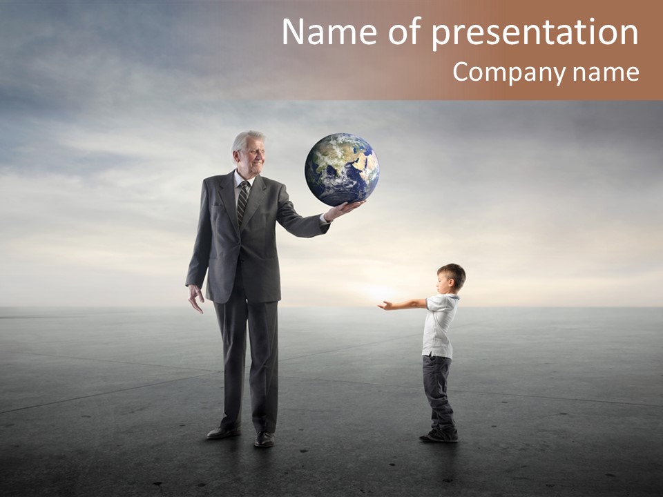 A Man Holding A Small Child's Hand With The Earth On It PowerPoint Template