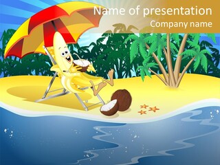 A Banana Sitting On A Beach Chair With An Umbrella PowerPoint Template