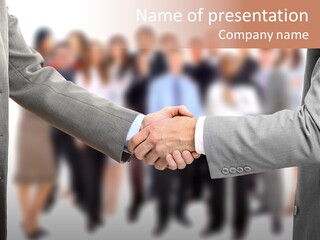 Two Men Shaking Hands In Front Of A Group Of People PowerPoint Template