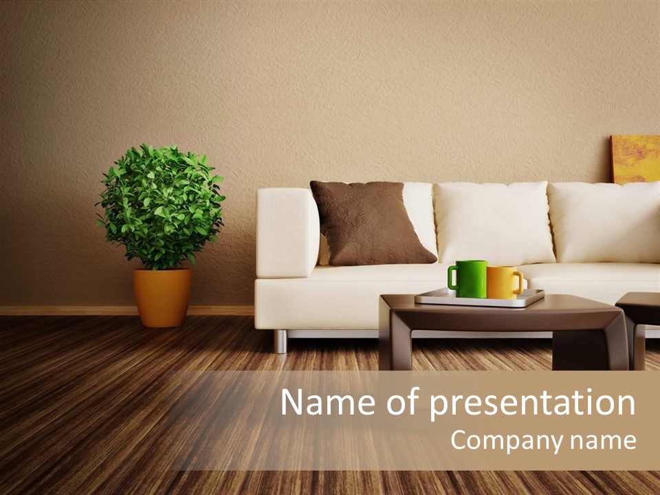 A Living Room With A Couch, Coffee Table And Potted Plant PowerPoint Template