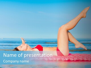 A Woman In A Red Bikini Laying On The Beach PowerPoint Template