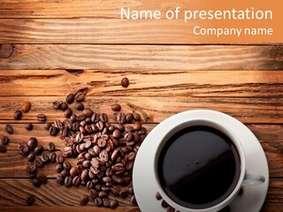 A Cup Of Coffee Next To A Pile Of Coffee Beans PowerPoint Template