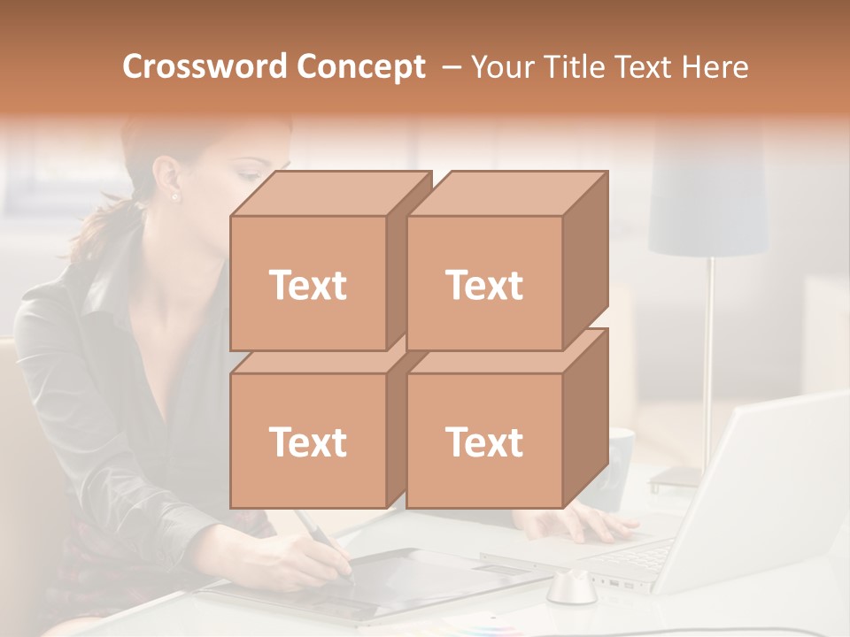 A Woman Sitting At A Desk Using A Laptop Computer PowerPoint Template