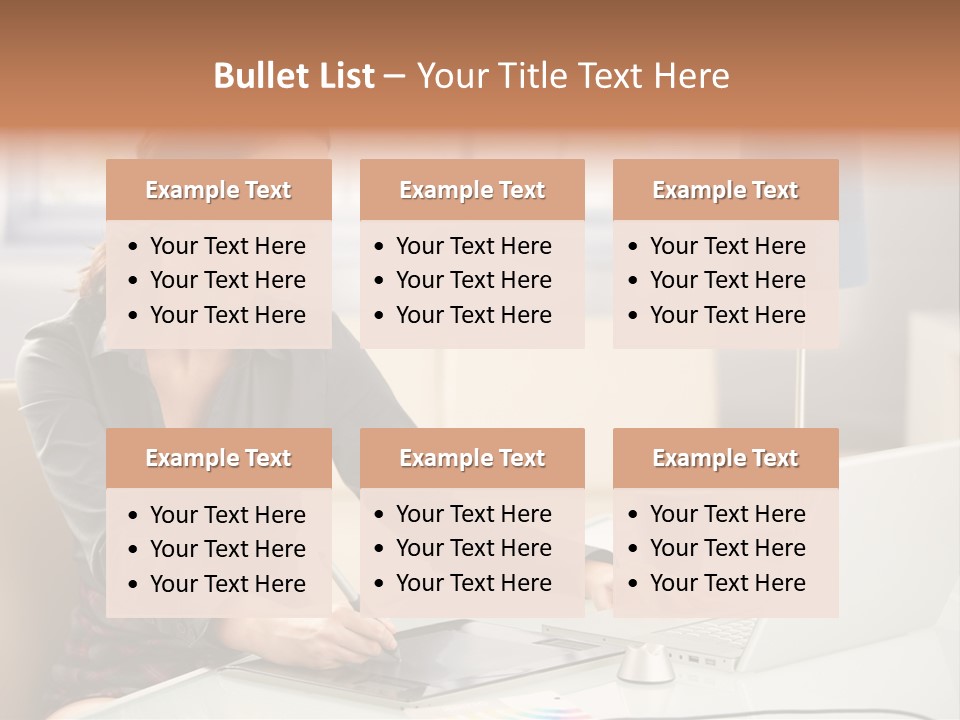A Woman Sitting At A Desk Using A Laptop Computer PowerPoint Template