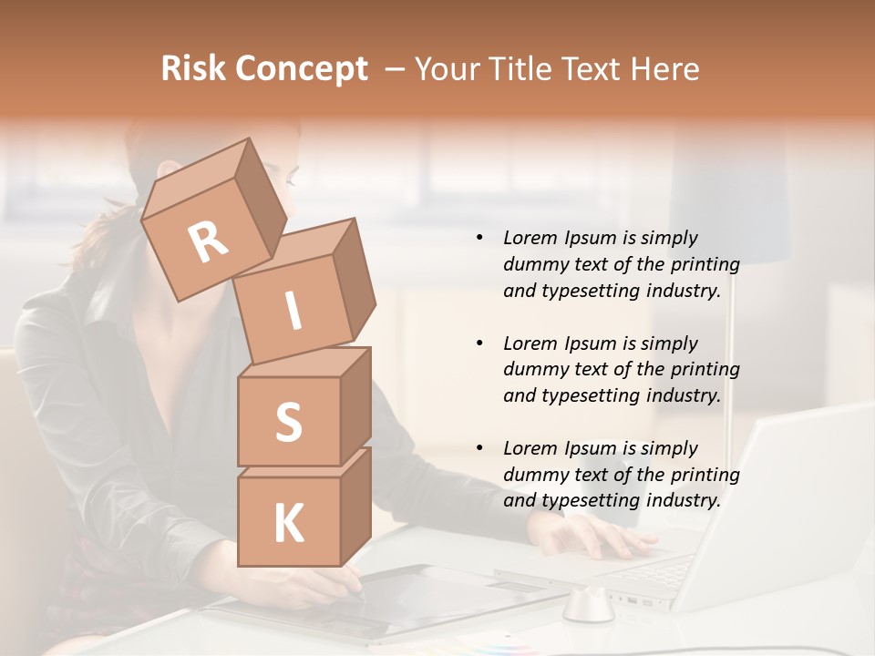 A Woman Sitting At A Desk Using A Laptop Computer PowerPoint Template