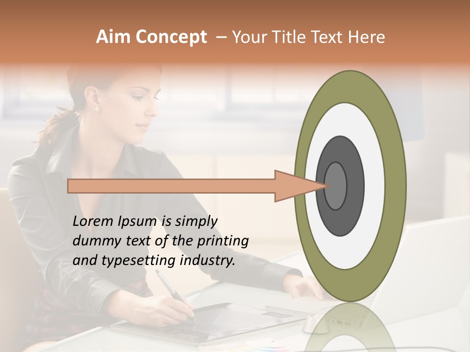 A Woman Sitting At A Desk Using A Laptop Computer PowerPoint Template