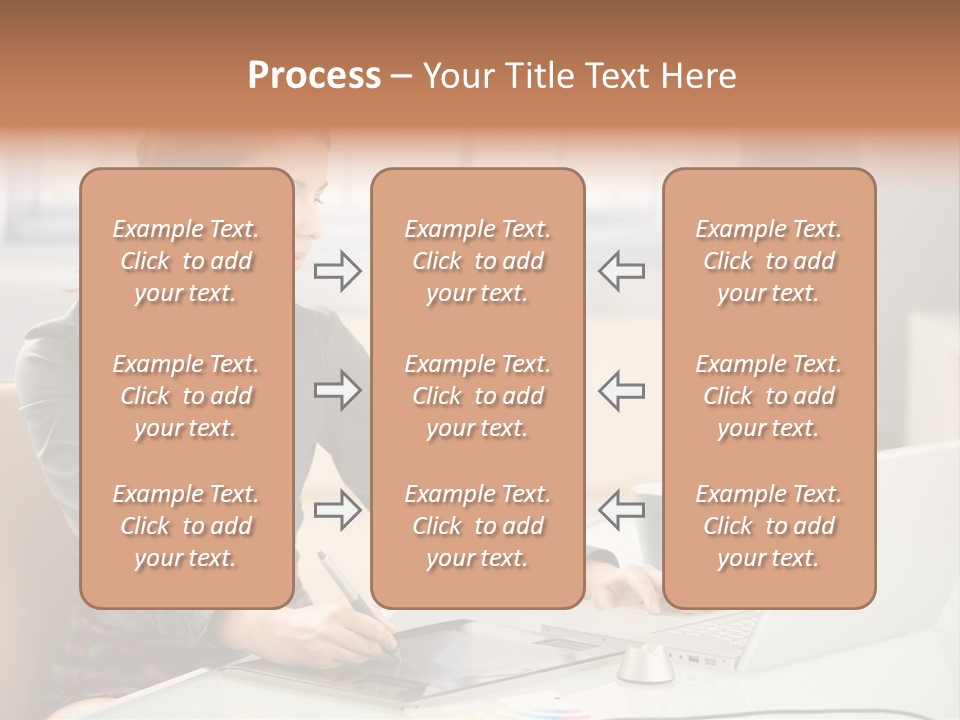 A Woman Sitting At A Desk Using A Laptop Computer PowerPoint Template