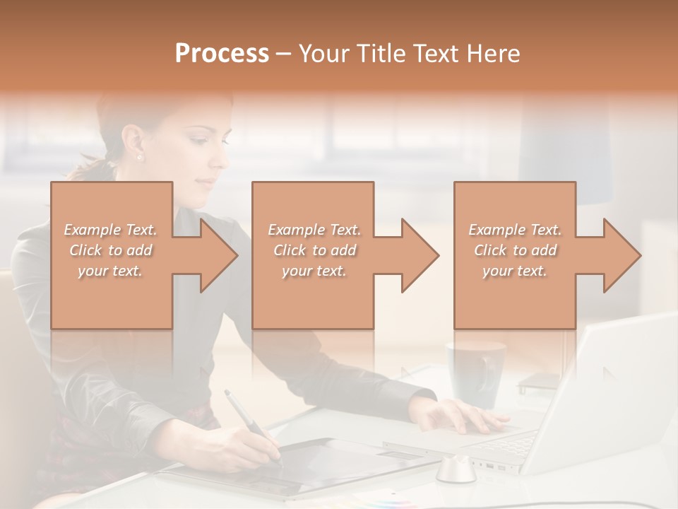 A Woman Sitting At A Desk Using A Laptop Computer PowerPoint Template