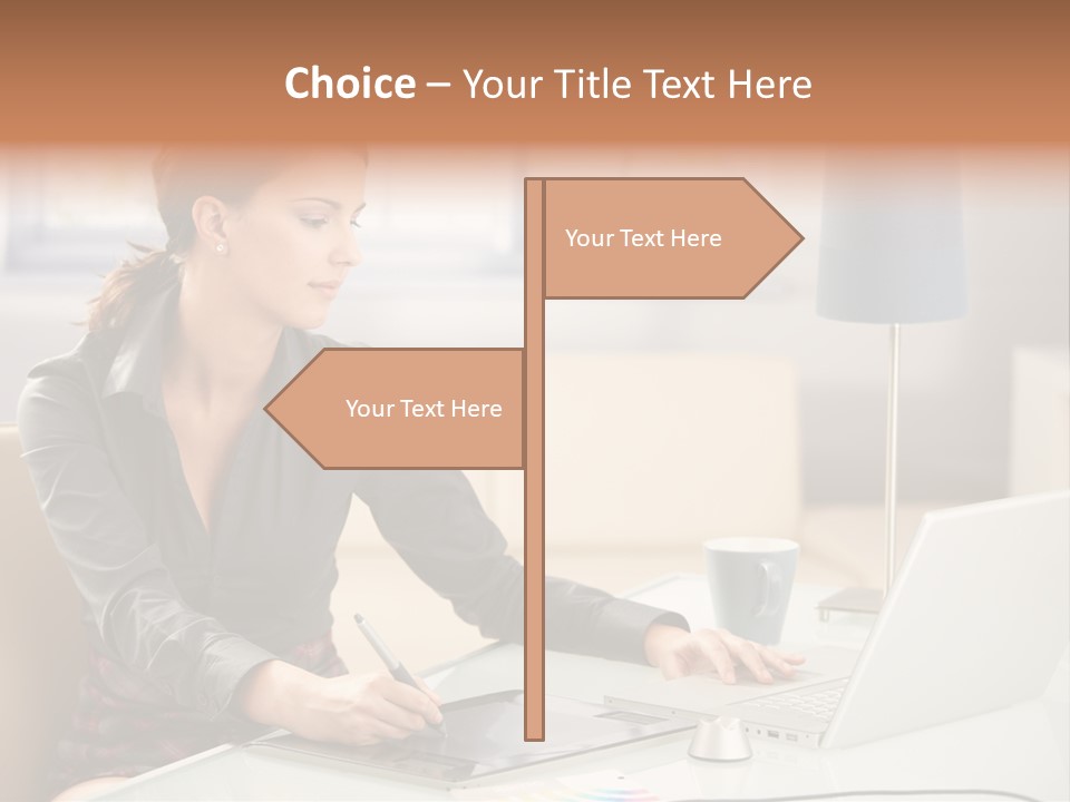 A Woman Sitting At A Desk Using A Laptop Computer PowerPoint Template