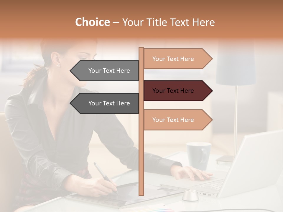 A Woman Sitting At A Desk Using A Laptop Computer PowerPoint Template