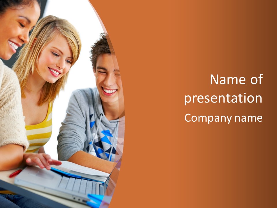 A Group Of People Sitting Around A Laptop Computer PowerPoint Template