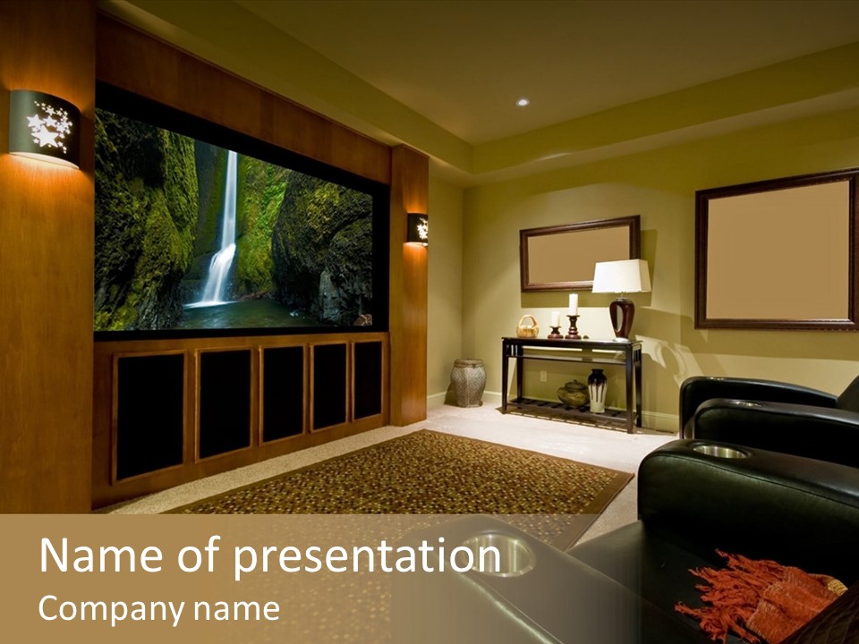 A Living Room With A Large Screen Tv PowerPoint Template