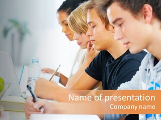 A Group Of Young People Sitting At A Table With A Laptop PowerPoint Template