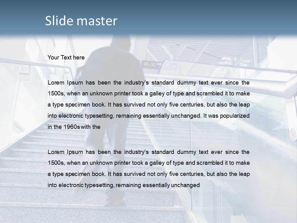 A Man Walking Down A Flight Of Stairs In A Building PowerPoint Template