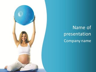 A Pregnant Woman Sitting On A Yoga Mat Holding A Blue Ball PowerPoint Template