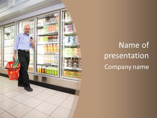 A Man Standing In Front Of A Refrigerator Holding A Shopping Bag PowerPoint Template