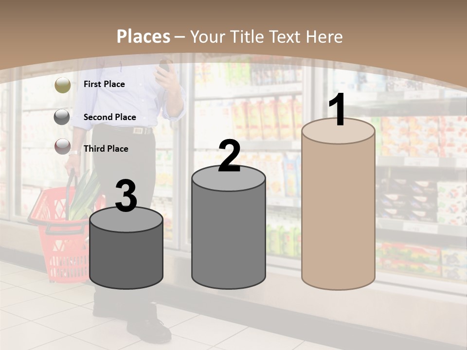 A Man Standing In Front Of A Refrigerator Holding A Shopping Bag PowerPoint Template