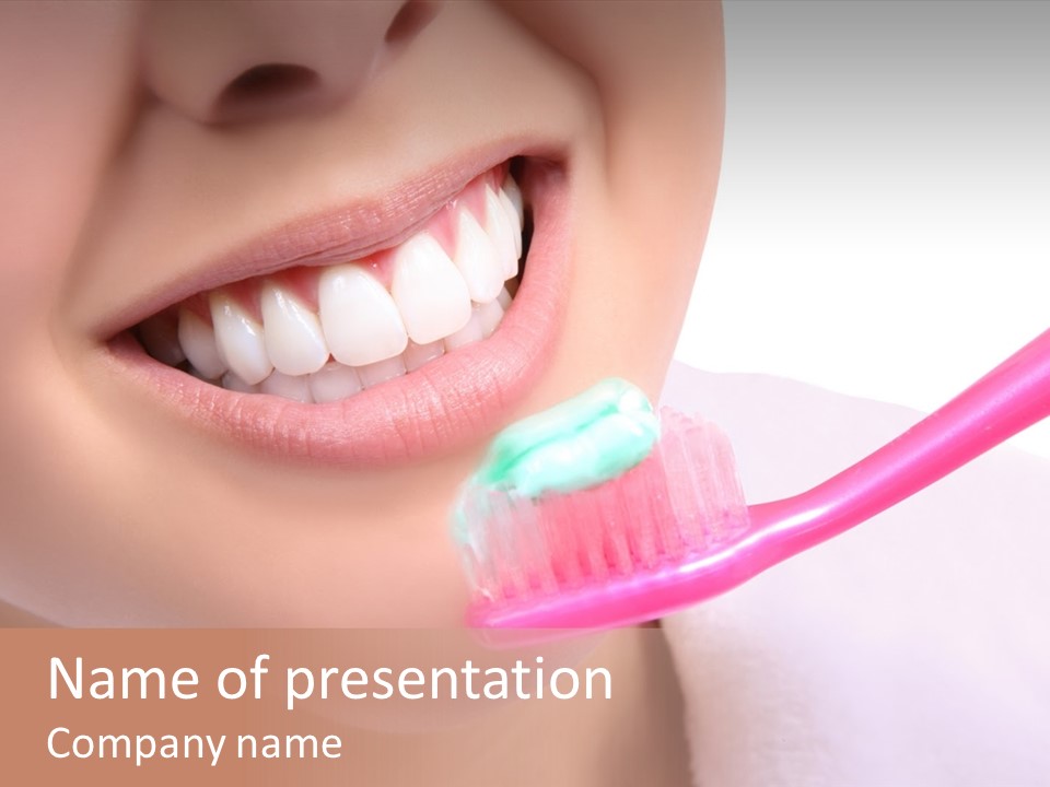 A Woman Brushing Her Teeth With A Pink Toothbrush PowerPoint Template