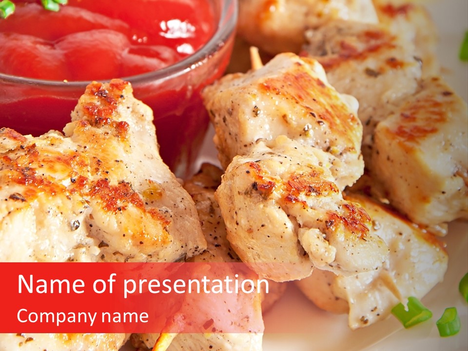 A Plate Of Chicken Skewers With Tomatoes And Ketchup PowerPoint Template