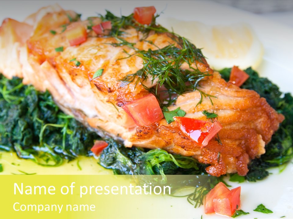 A Piece Of Fish On A Bed Of Greens On A Plate PowerPoint Template