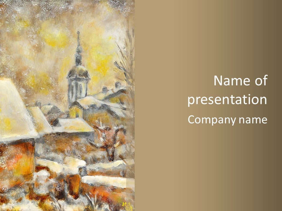 A Painting Of A Snowy Village With A Church In The Background PowerPoint Template