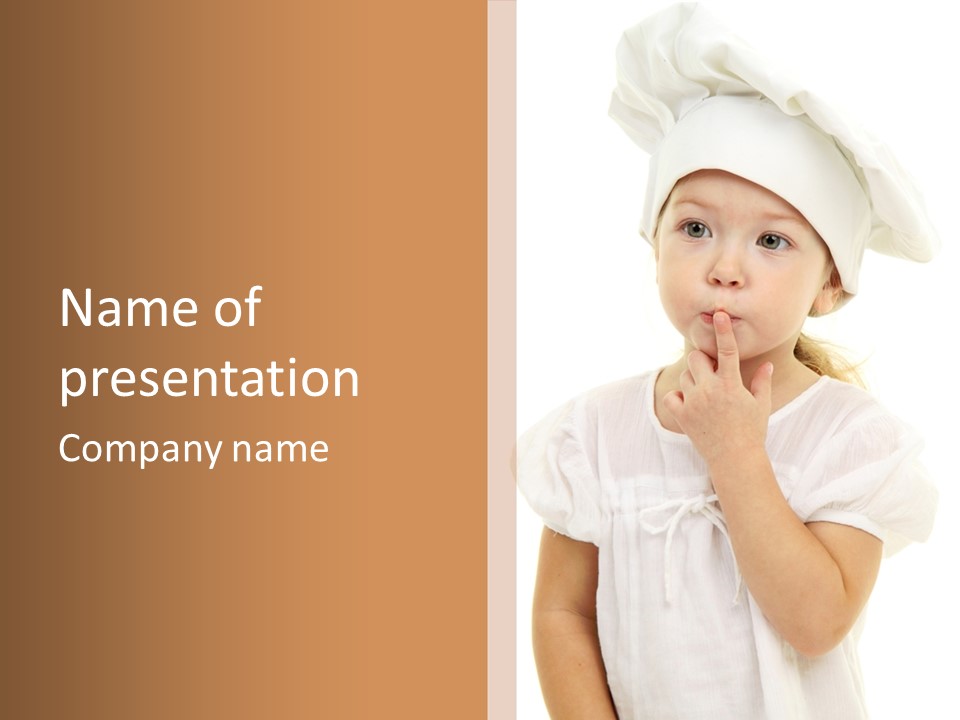 A Little Girl Wearing A Chef's Hat And Holding Her Finger To Her Mouth PowerPoint Template