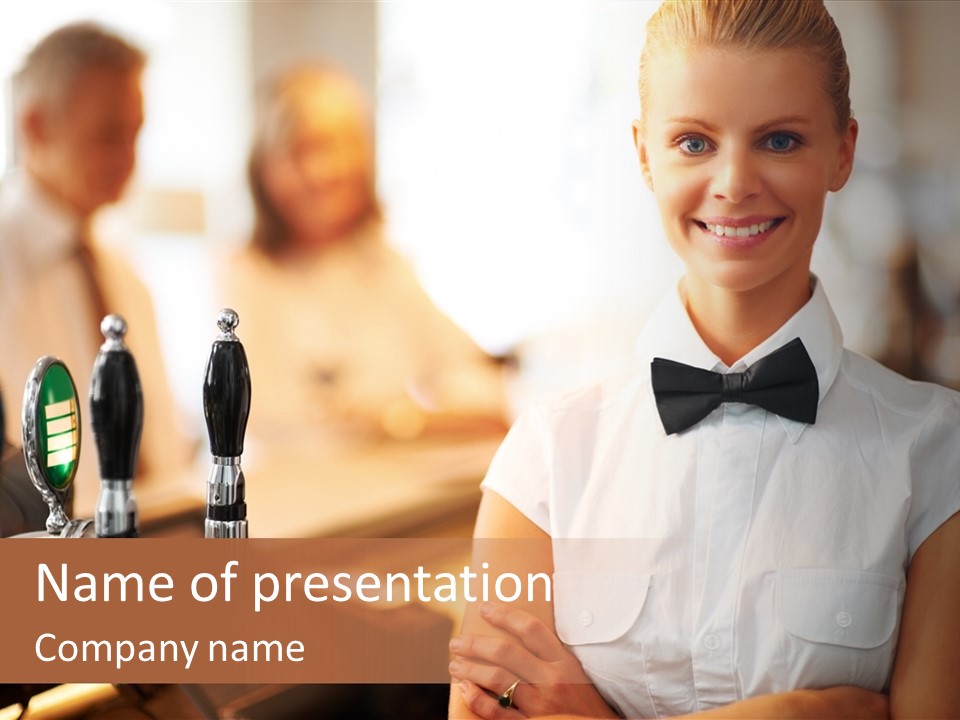 A Woman In A Bow Tie Standing In Front Of A Counter PowerPoint Template