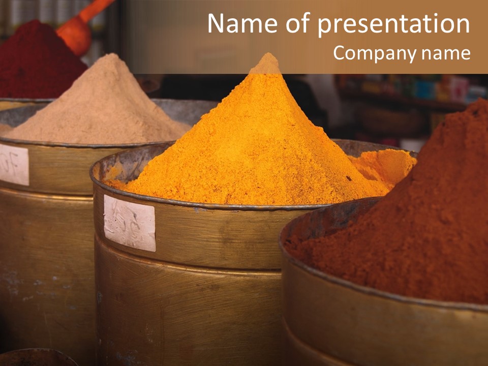 A Group Of Buckets Filled With Different Colored Spices PowerPoint Template
