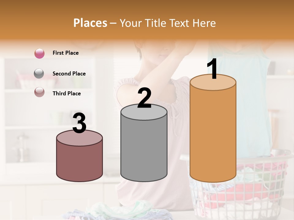 A Woman Holding A Blue Shirt In Front Of A Laundry Basket PowerPoint Template