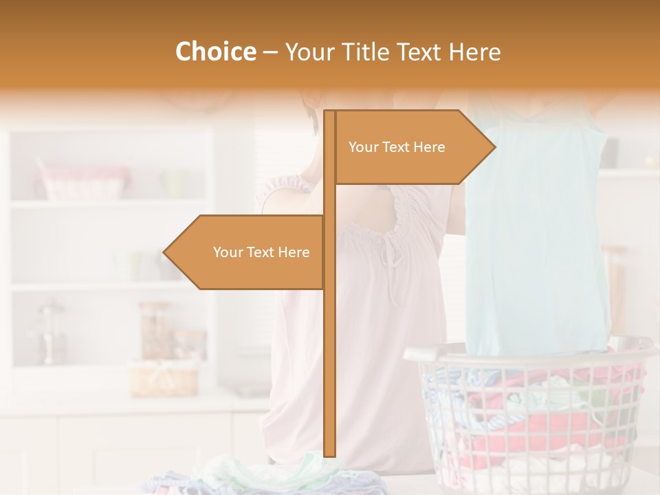 A Woman Holding A Blue Shirt In Front Of A Laundry Basket PowerPoint Template