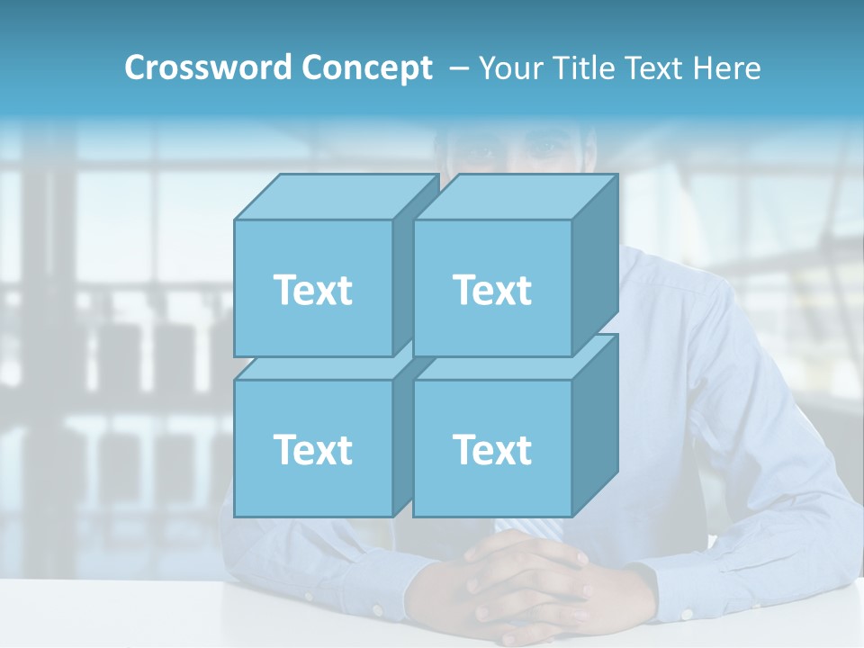 A Man In A Blue Shirt And Tie Sitting At A Table PowerPoint Template