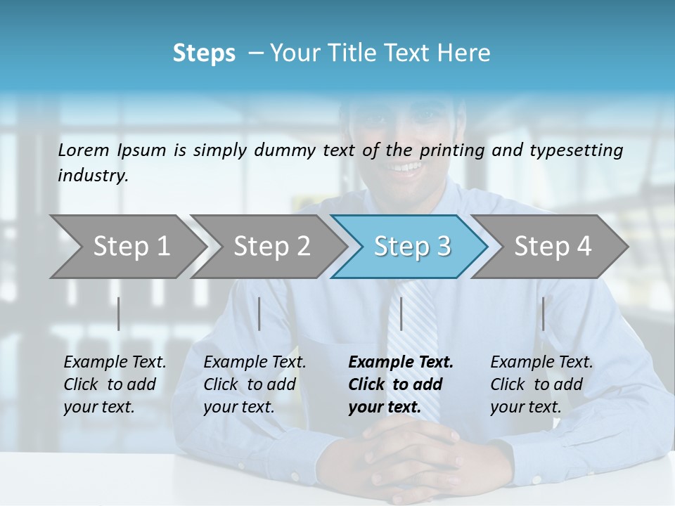 A Man In A Blue Shirt And Tie Sitting At A Table PowerPoint Template
