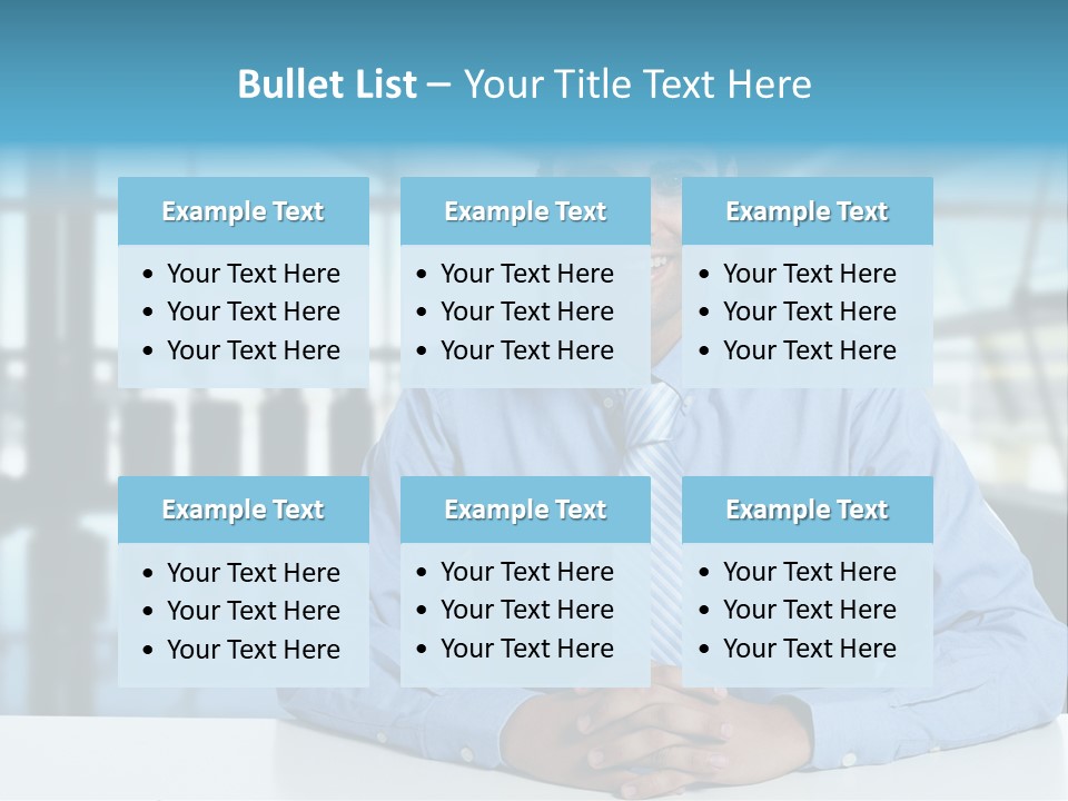 A Man In A Blue Shirt And Tie Sitting At A Table PowerPoint Template