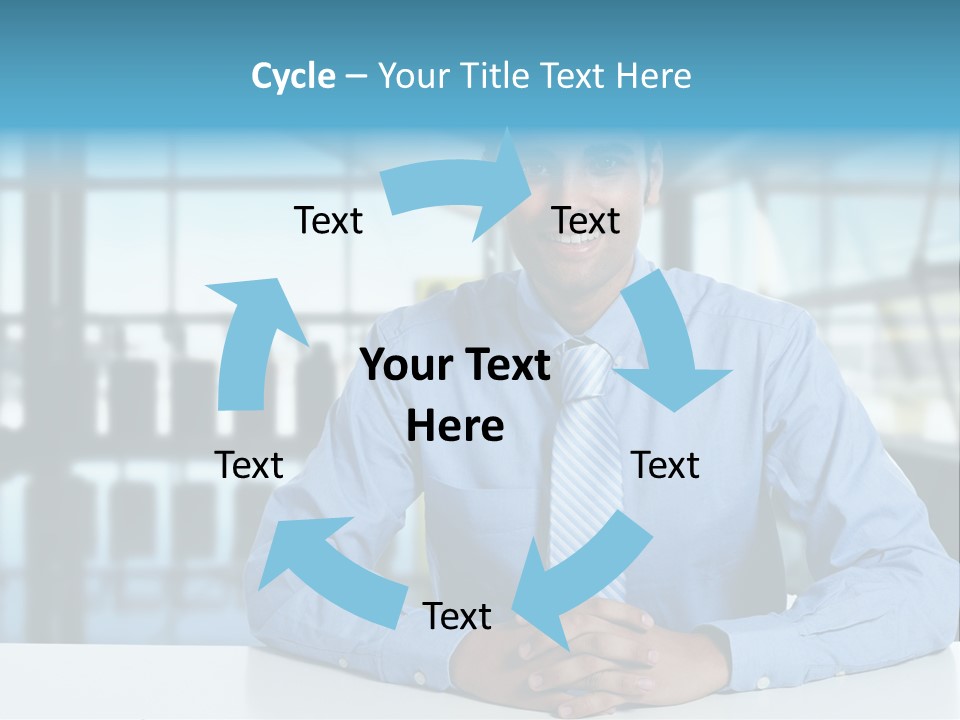 A Man In A Blue Shirt And Tie Sitting At A Table PowerPoint Template