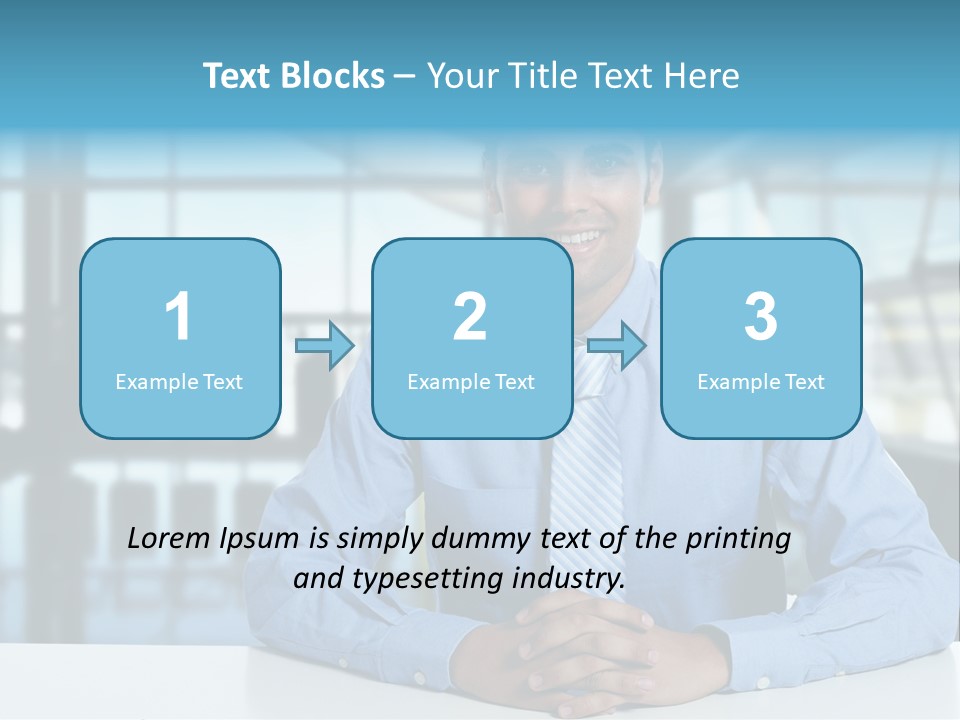 A Man In A Blue Shirt And Tie Sitting At A Table PowerPoint Template