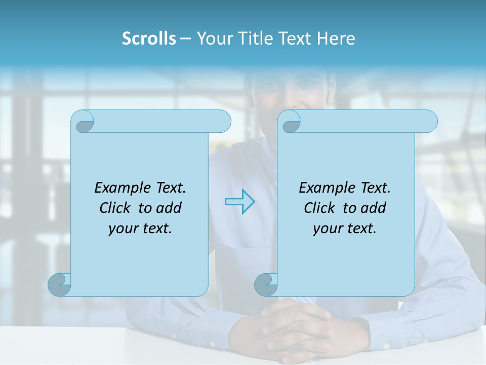 A Man In A Blue Shirt And Tie Sitting At A Table PowerPoint Template