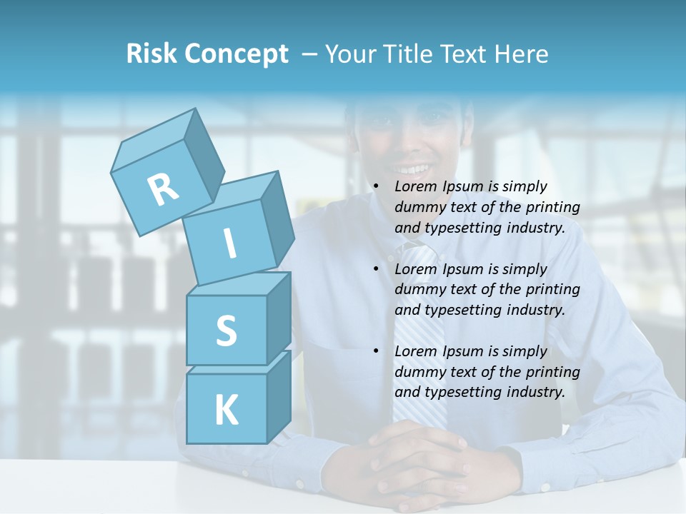 A Man In A Blue Shirt And Tie Sitting At A Table PowerPoint Template