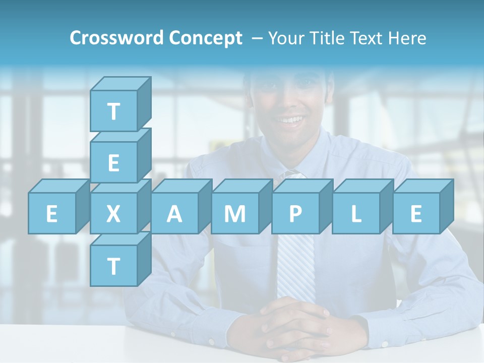 A Man In A Blue Shirt And Tie Sitting At A Table PowerPoint Template