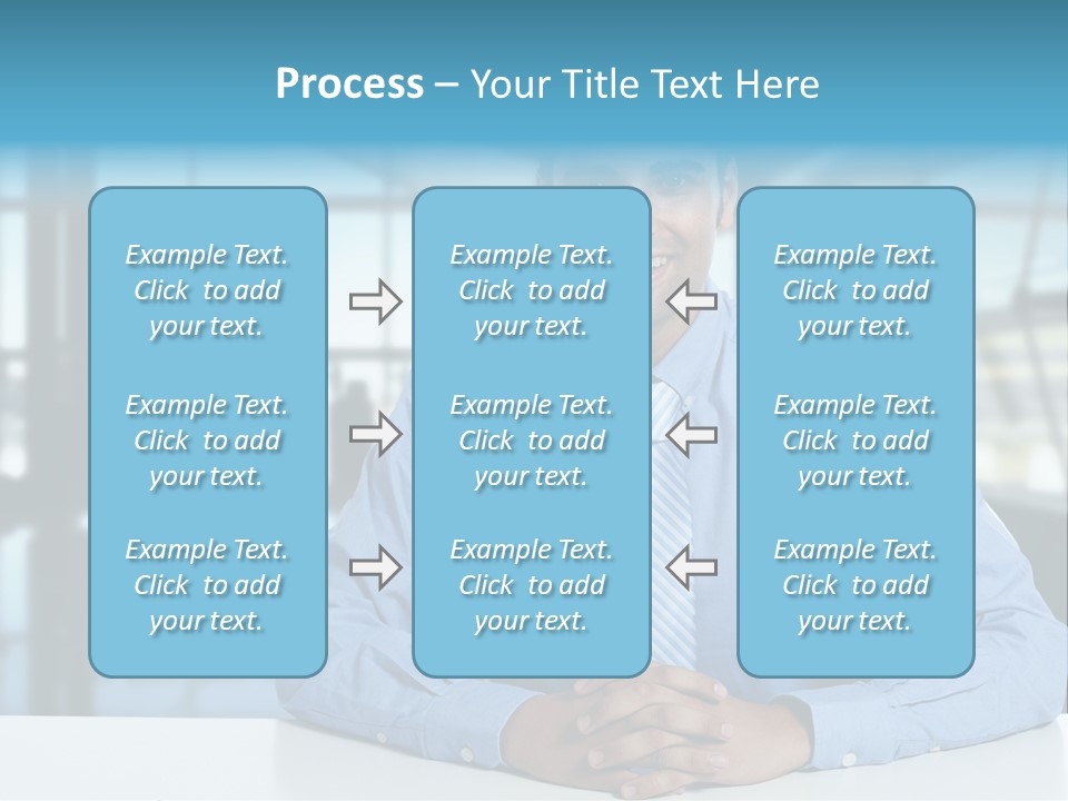 A Man In A Blue Shirt And Tie Sitting At A Table PowerPoint Template