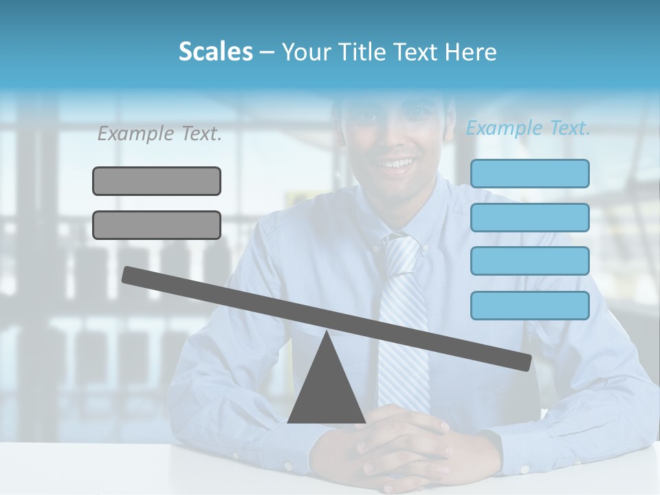 A Man In A Blue Shirt And Tie Sitting At A Table PowerPoint Template