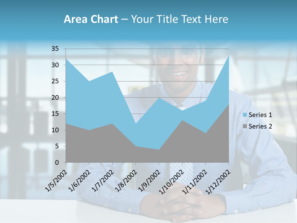 A Man In A Blue Shirt And Tie Sitting At A Table PowerPoint Template