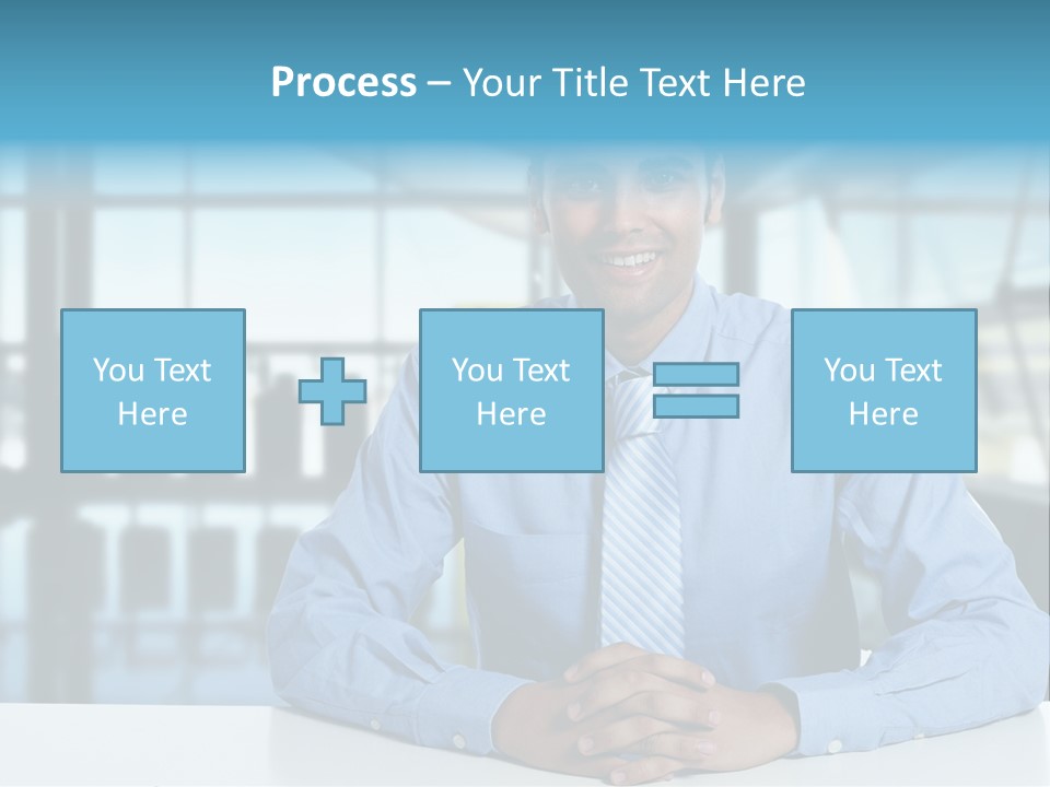 A Man In A Blue Shirt And Tie Sitting At A Table PowerPoint Template