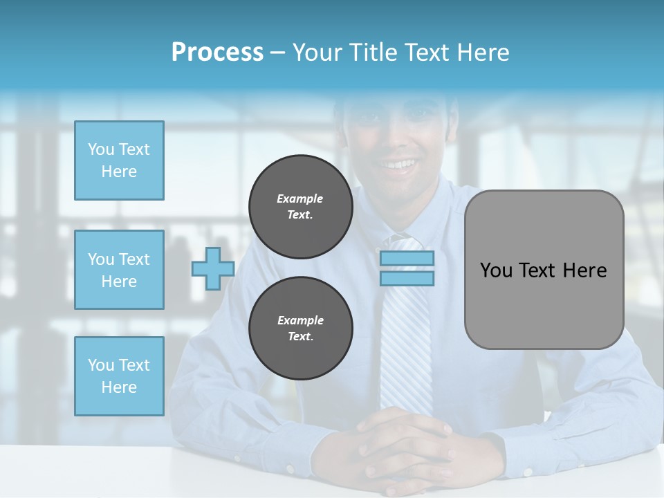 A Man In A Blue Shirt And Tie Sitting At A Table PowerPoint Template
